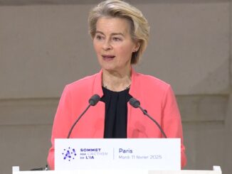 Photo of European Commission President Ursula von der Leyen at the AI Action Summit in Paris setting out how Europe plans to respond to the AI race including through gigafactories and the European Union AI Act while arguing for safety and reducing risks, arguing that ethical AI is a global responsibility.