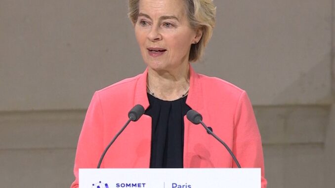 Photo of European Commission President Ursula von der Leyen at the AI Action Summit in Paris setting out how Europe plans to respond to the AI race including through gigafactories and the European Union AI Act while arguing for safety and reducing risks, arguing that ethical AI is a global responsibility.